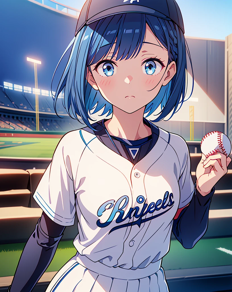 Best Quality, 32K, High resolution, masterpiece:1.5, One beautiful girl, Anime-style illustrations, Rich emotional expression, An exceptionally beautiful face, Perfect Human Anatomy, Big starry eyes, ((Expressionless:1.5)), ((Shiny blue hair:1.3)), Short Bob Hair, ((Black baseball cap)), Asymmetrical bangs, Hair between the eyes, Transparent, soft white skin, Detailed and cute lips, ((White baseball uniform:1.3)), ((Baseball field in the stadium:1.4)), ((Sprinting)), Dazzling sunlight, Mysterious