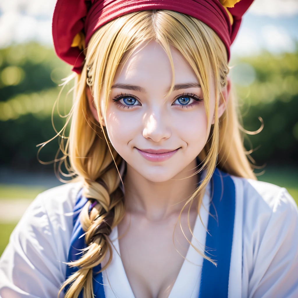 masterpiece, Best Quality, Best Quality, (Complex and detailed:1.2), Beautiful Eyes, One girl, Alone, Outdoor, blue sky, cloudy, Bokeh, Lens Flare, anamorphic Lens Flare, Depth of written boundary, Fascinating face, Captivating smile, {{heanna_violet, Yellow Hair, Red headband, 