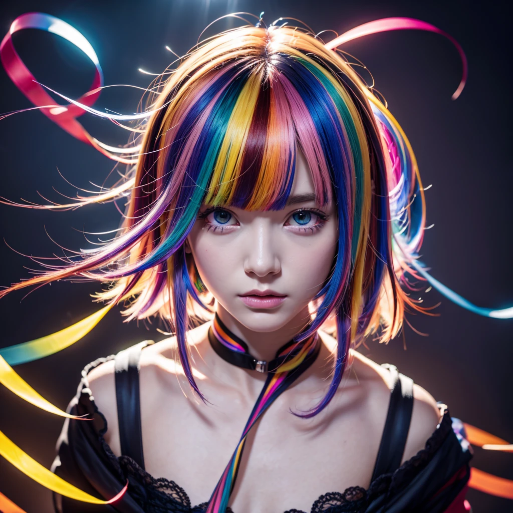 Multicolored Hair, Hair Ribbon, Surrealism, Cinema Lighting, close, Ultra-high resolution, Attention to detail, masterpiece  