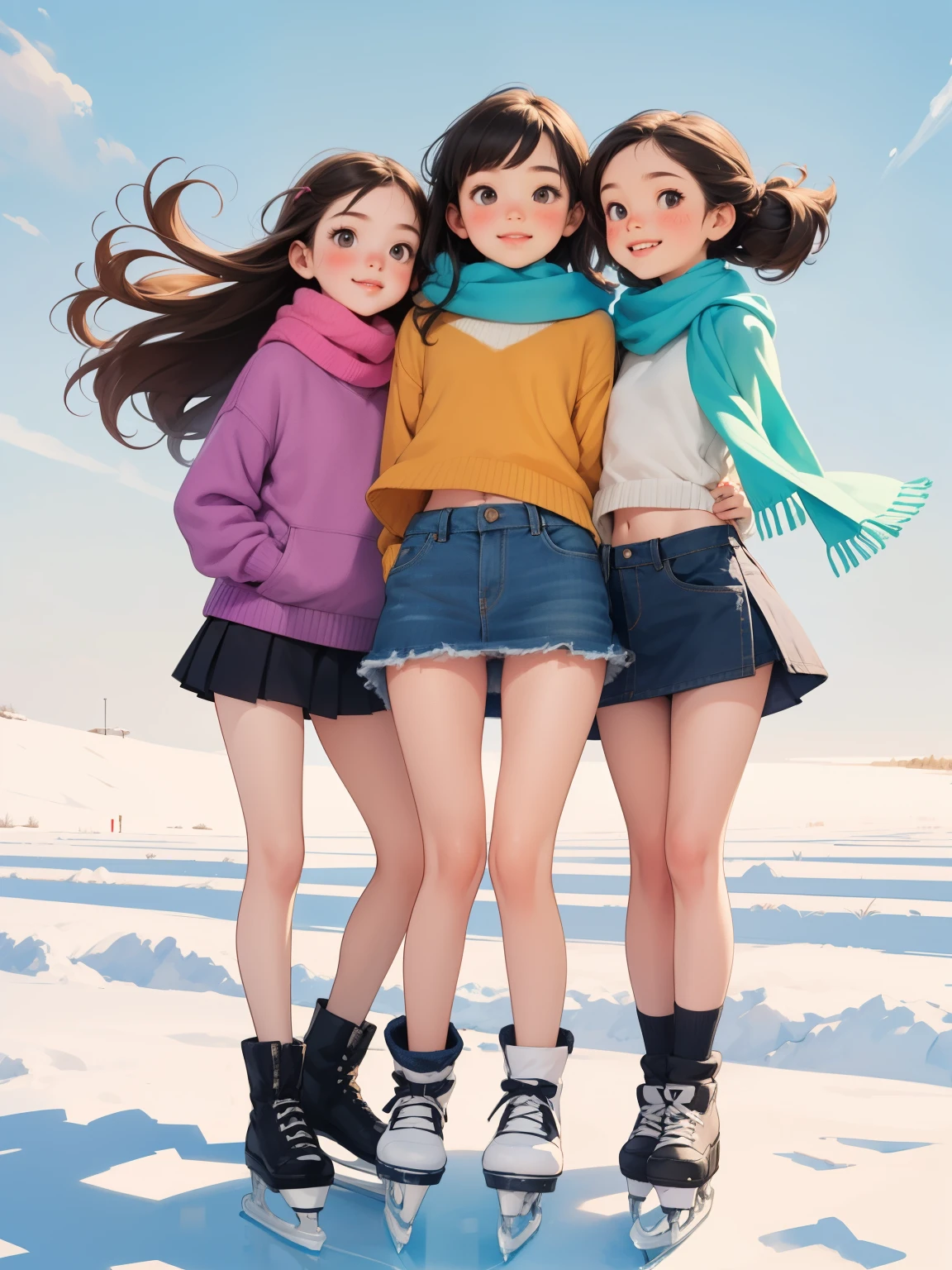 (Superflat, Flat Shading, Flat Color), (close), Three little girls in elementary school, sweater, Warm scarf，Denim mini skirt，Very short stature，Very thin thighs，Very small ass，(Simple striped panties), Long Hair, ice skating, smile, smile, fun, play, winter, snow, bright, Wide angle, Vibrant colors, watercolor, Ghibli style，Urine stains，Strong winds，