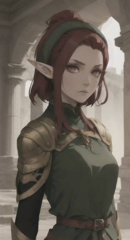 Ancient Elf, Mage, sage Sylphie, short red hair, red eyes, looking at viewer, stern, long messy hair, ancient kingdom, ancient mage armor,