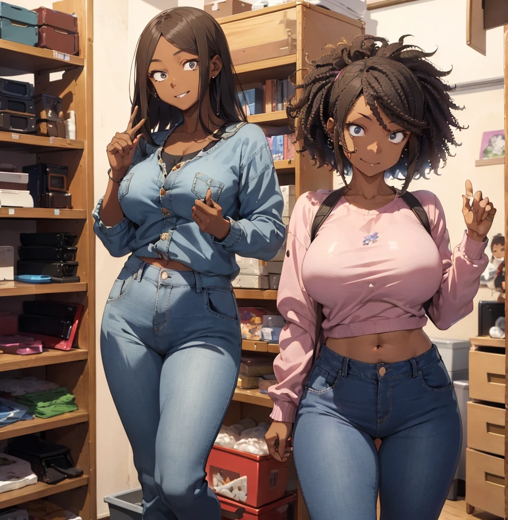 4 female, afro hair, black afro hair black girl afro hair, darker skin, brown skin, huge breast, thick legs, light blue eyes, pink sweater, blue jean, long jean, belly button long shirt, boots, home, bedroom, happy face, hip hop CD, hip hop stuff, disc, dancing
