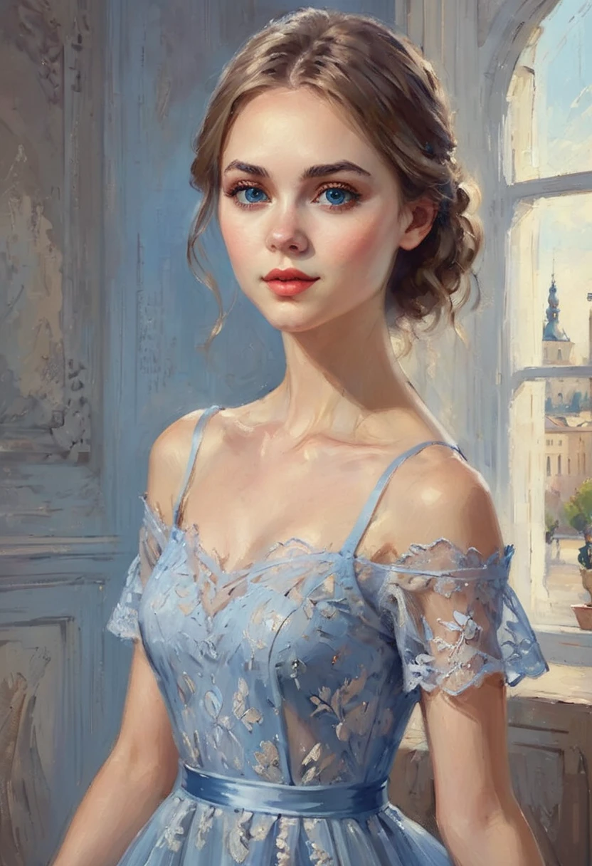 (realistic illustration),(full body:1.4).cute 22yo Russian woman with light brown hair, blue eyes, ((very pale:1.3))complexion. (short), slim, small breasts. elegant sheer lace dress, high heels, smoky eye, mascara, ponytail.