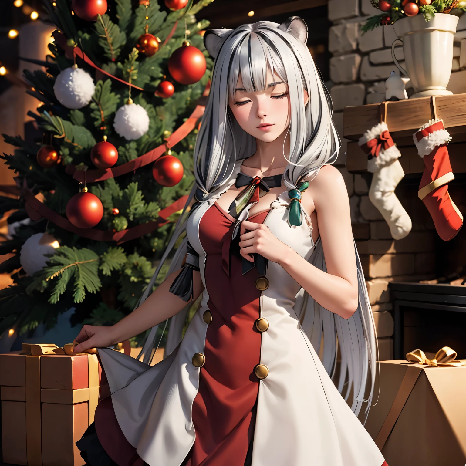 Atlas Fayon woman 40 years old, white hair with black stripes ,white tiger ears, Eyes closed, mujer ciega con Eyes closed, big  cowboy shot, (Santa Claus dress) christmas tree background.