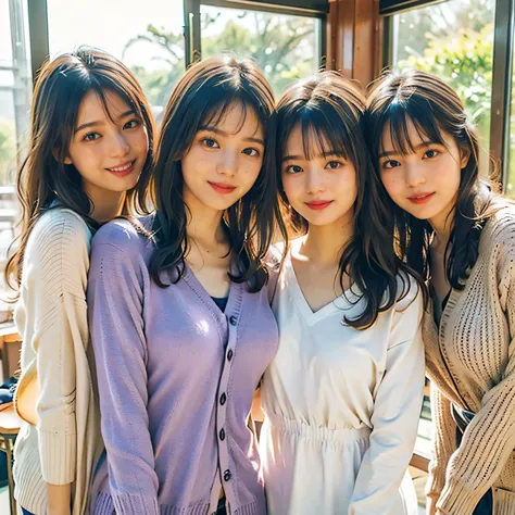 close-up photo of three japanese teenage girls, (in the classroom), (everyone is smiling and huddled together), best quality, ma...