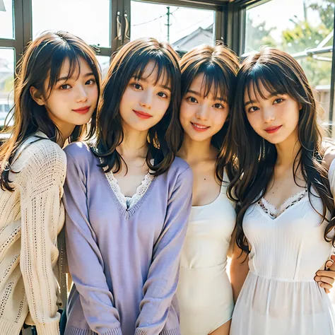 close-up photo of three japanese teenage girls, (in the classroom), (everyone is smiling and huddled together), best quality, ma...