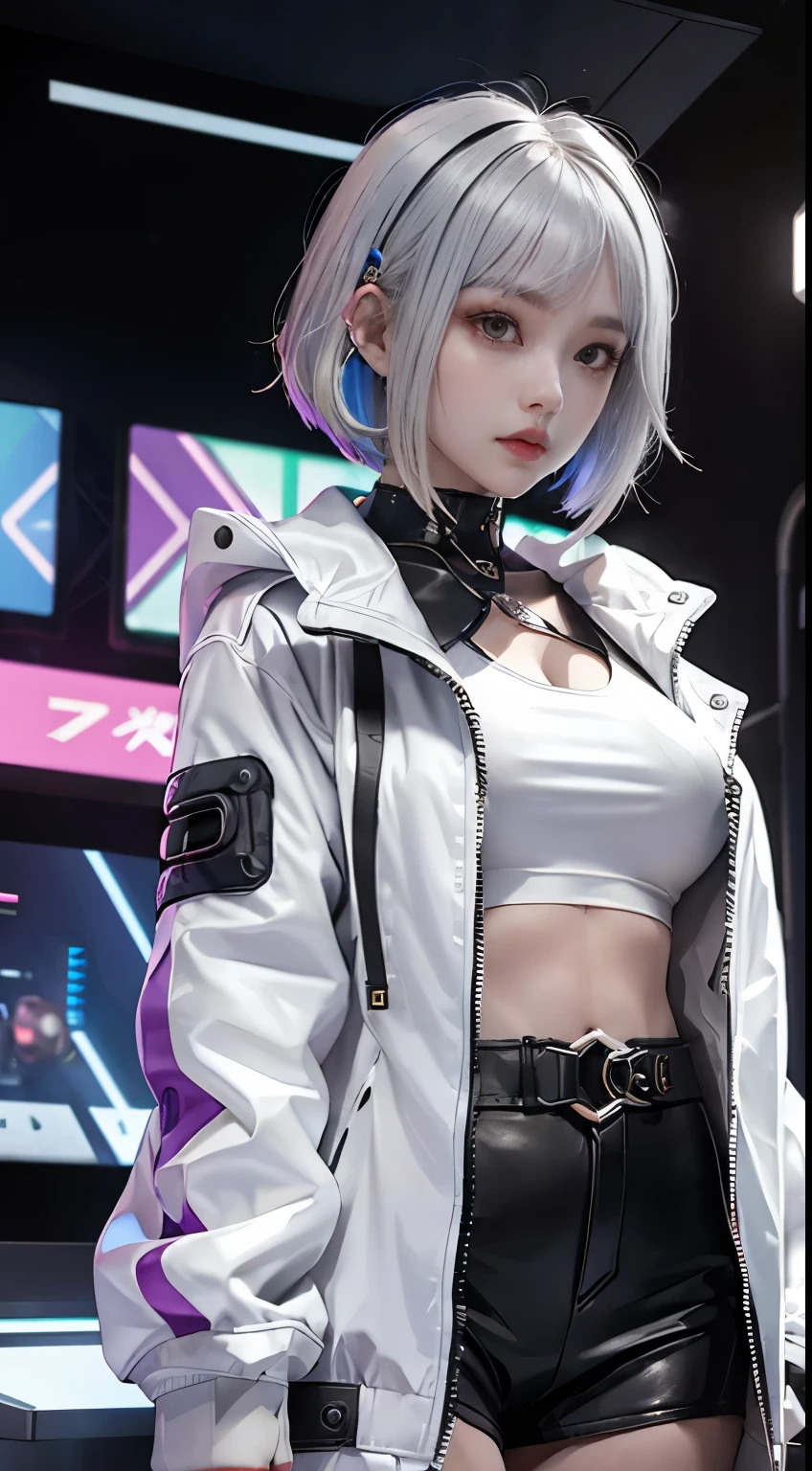 Lucy \(Cyberpunk\), 1 Girl,  Hair ring, Ji Qie, Silver Hair, White jacket, Long sleeve, Looking at the audience, Short hair, Colorful hair, #5: Parted Bangs, Open your mouth, Pink Hair,  white jacket, Cyberpunk \(A series\), rainy night in a Cyberpunk city with glowing neon lights，White hair，Nipple protrusion，areola bulge，Huge Breasts，Black tights，Naked body