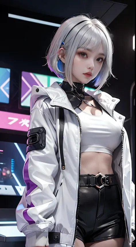 lucy \(cyberpunk\), 1 girl,  hair ring, ji qie, silver hair, white jacket, long sleeve, looking at the audience, short hair, col...