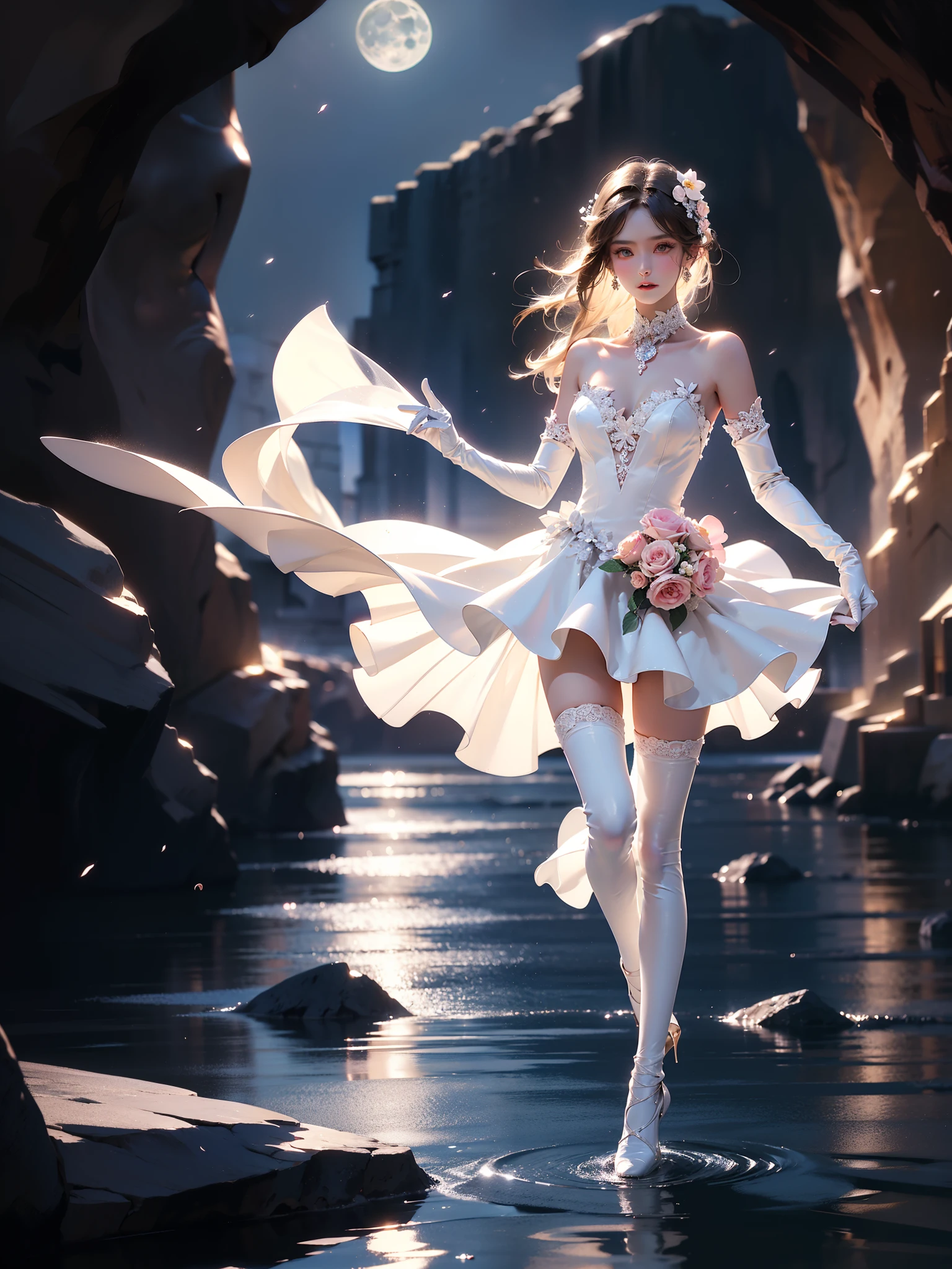 sh0rtj3w3lw3ddr3ss, elbow gloves, short wedding dress, pantyhose, see-through, (High quality details)，1 Girl，solo，Young woman，Elegant posture，((night，moonlight))，(Perfect body，Stand gracefully，Dance poses，River Water，rock，Relaxed expression)，(Focus on natural body posture and correct anatomy:1.3)，(Perfect leg proportions:1.3)，(True and accurate leg shape:1.2)，((Natural leg position))，The skirt is short，One hand touches the skirt，Lift the hem of the skirt，Bare shoulders，Natural posture，Soft expression，Exquisite makeup，Soft blush，Bright eyes，Soft lips，Flower fairy style，((Anatomically accurate))，(Real natural legs)，Smooth skin，Soft lighting，high resolution，8K Ultra HD，Clear focus，Professional photography effects，Casual and elegant scene，Multi-angle shooting