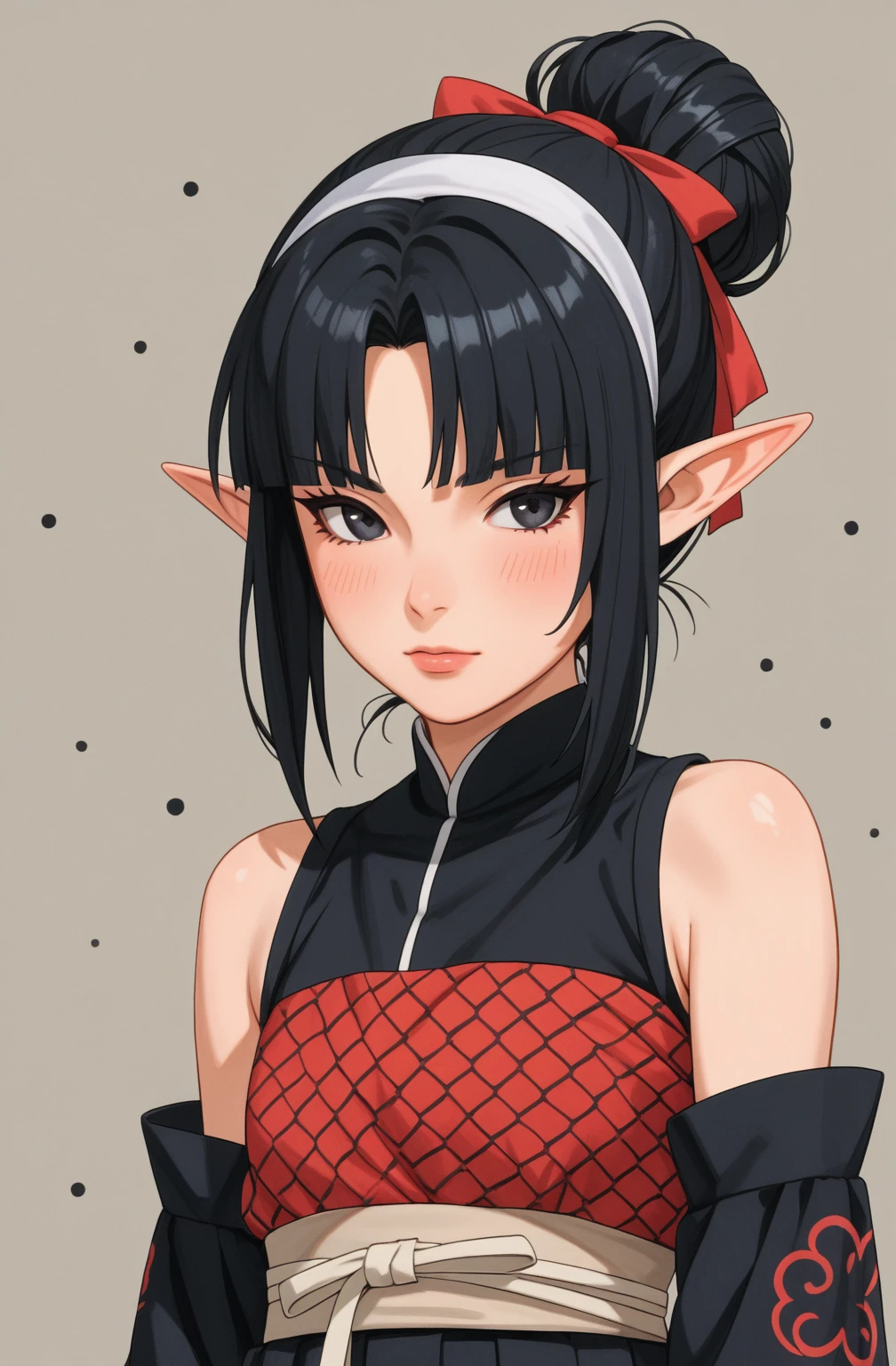 Create a digital illustration of a female character with almond-shaped black eyes, elf ears, and round dots instead of eyebrows. For the hairstyle, she should have black hair styled into a single bun at the back of her head, complemented by asymmetrically chopped bangs that transition into a long lock on one side. Her outfit should match short hakama with detached sleeves and frills under the shorts and the sleeves, in a gothic style, featuring intricate white lace patterns, detailed cutouts, and a white obi with a black seigaiha black pattern. The upper part of the outfit should be a sleeveless kimono blouse. The outfit should include layered skirts and ribbon details to emphasize a similar aesthetic. Add a muted background that complements her striking attire and hairstyle. Artwork in the style of guweiz, digital art inspired by the style of Ilya Kuvshinov. An anime character wearing black hakama with detached sleeves and a bow on her back, elf ears, a beautiful young woman with long black hair tied up in a single bun, wearing a white headband with ribbons on both sides of her head, a lock of hair falling in front of the right side of her face. 