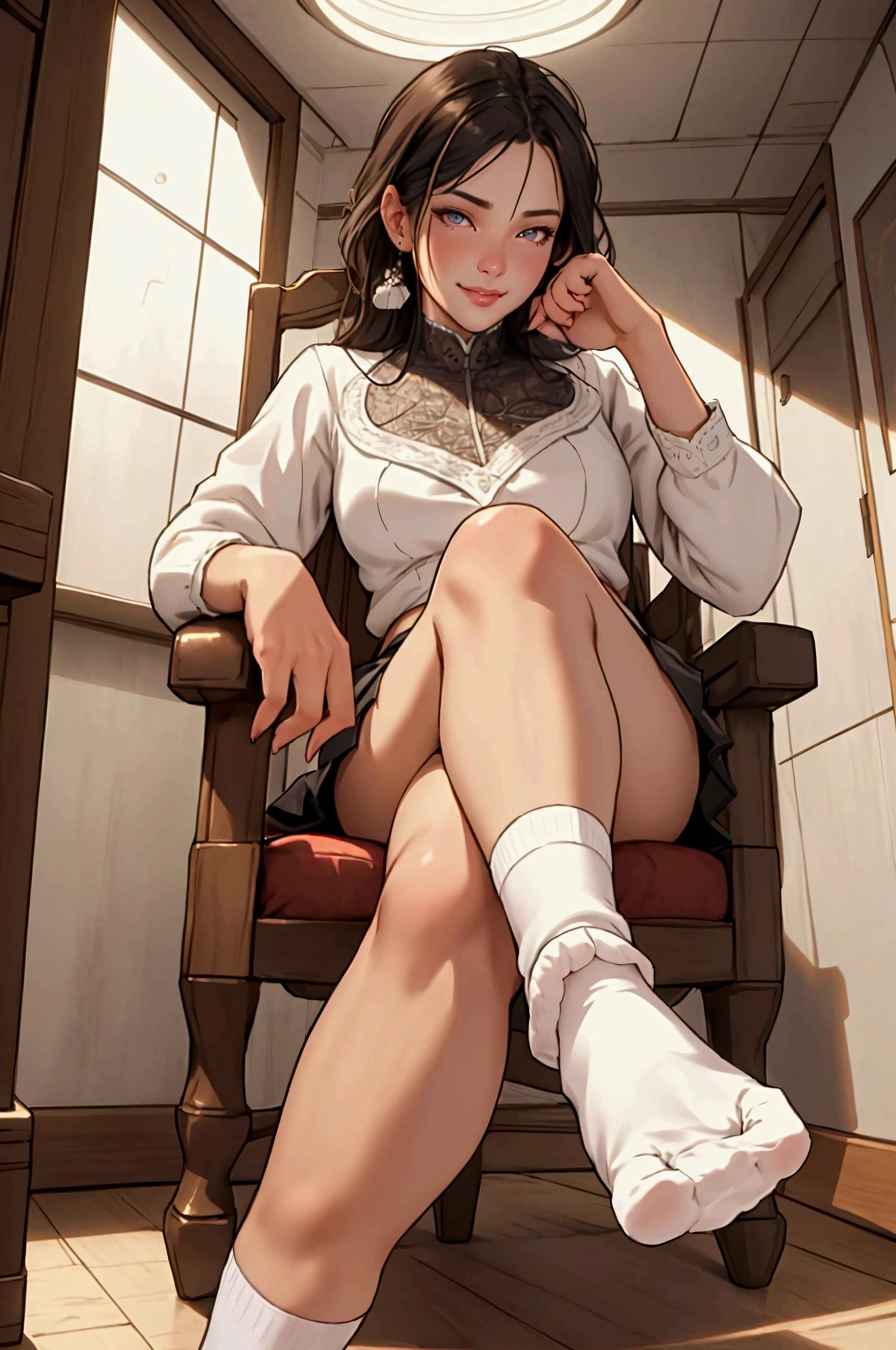 1 woman, sitting on chair with her feet up, mini skirt, white socks, showing panties, looking down at you with smirk, extremely detailed face, detailed eyes and lips, photorealistic, cinematic lighting, masterpiece, 8k, high quality, intricate details