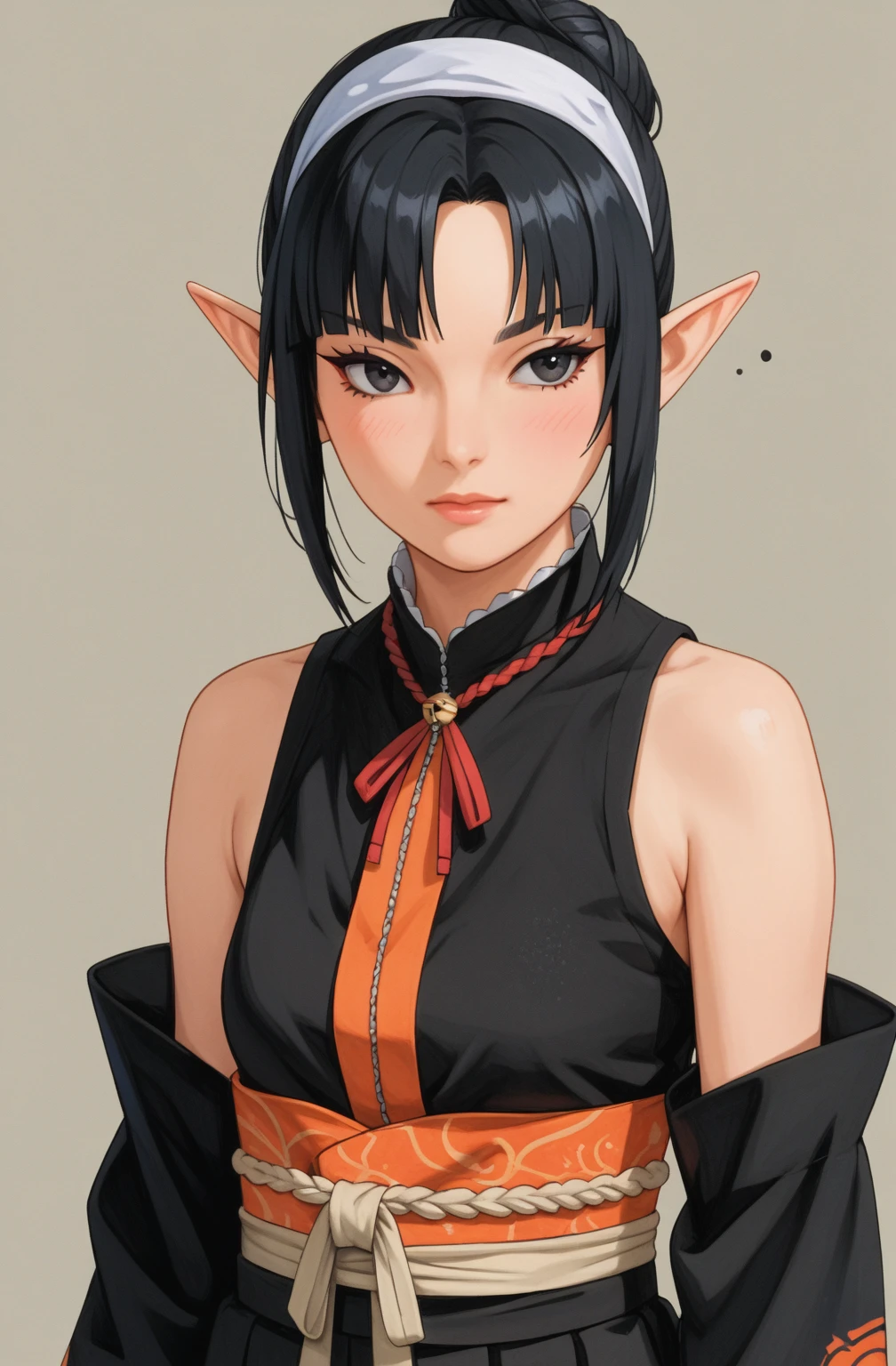 Create a digital illustration of a female character with almond-shaped black eyes, elf ears, and round dots instead of eyebrows. For the hairstyle, she should have black hair styled into a single bun at the back of her head, complemented by asymmetrically chopped bangs that transition into a long lock on one side. Her outfit should match short hakama with detached sleeves and frills under the shorts and the sleeves, in a gothic style, featuring intricate white lace patterns, detailed cutouts, and a white obi with a black seigaiha black pattern. The upper part of the outfit should be a sleeveless kimono blouse. The outfit should include layered skirts and ribbon details to emphasize a similar aesthetic. Add a muted background that complements her striking attire and hairstyle. Artwork in the style of guweiz, digital art inspired by the style of Ilya Kuvshinov. An anime character wearing black hakama with detached sleeves and a bow on her back, elf ears, a beautiful young woman with long black hair tied up in a single bun, wearing a white headband with ribbons on both sides of her head, a lock of hair falling in front of the right side of her face. 