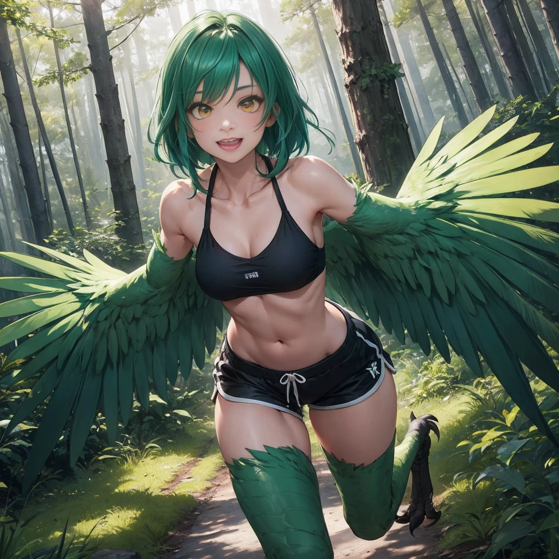 1 woman, Solo Woman, harpy, emerald green wings, beautiful wings, bird feet, detailed sharp black claws, tanned skin, boyish appearance, slim body, body growth, green shoulder length hair, Bright yellow eyes, masterpiece, Excellent details,sports shorts, flying over the forest, Happy expression on his face, very good detailed,silky emerald green hair