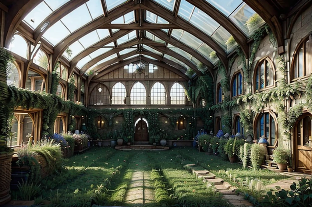 A medieval greenhouse // interior // full of plants // lush // daylight