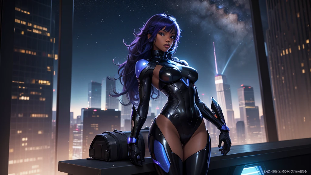 Extremely sexy black woman, short blue, violet and orange hair, bright blue eyes, beautiful face, sensual smile, perfect body, athletic, long legs, infernal tail, dressed in a futuristic mini suit that shows her buttocks and long legs, black leather boots, back view, low shot, standing on the roof of a skyscraper watching the city in all its splendor, at night, city illuminated with neon lights, the Milky Way is reflected in all its splendor, Cubist Futurism, Futurism, depth of field, cinematic lighting, sparkle, god rays, ray tracing, UHD, retina, masterpiece, anatomically correct, textured skin, super detail, award winning, highres