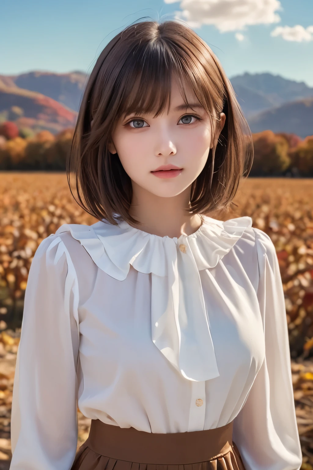 1girl, (a beauty girl, delicate girl, beautiful girl:1.3), (12yo:1.3),
break, (cute fashion, long sleeve, ruffle blouse:1.3), (skirt, cowboy shot),
break, (autumn sky, beautiful scenery background:1.2),
break, very fine eyes, (symmetrical eyes:1.3),
break, (flat breasts:0.5), (round face, baby face), (brown eyes), parted bangs, (light brown hair, short hair:1.2),
break, (eyes and faces with detailed:1.0),
break, (masterpiece, best quality, ultra detailed, detailed face, 8k)