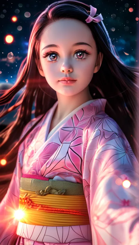 a beautiful young girl with long dark hair, big innocent eyes, delicate face, nezuko kamado, pink and white kimono, iridescence,...