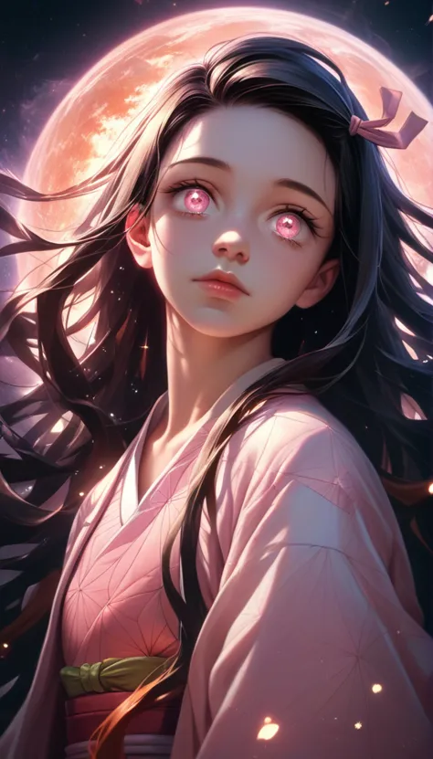 a beautiful young girl with long dark hair, big innocent eyes, delicate face, nezuko kamado, pink and white kimono, iridescence,...