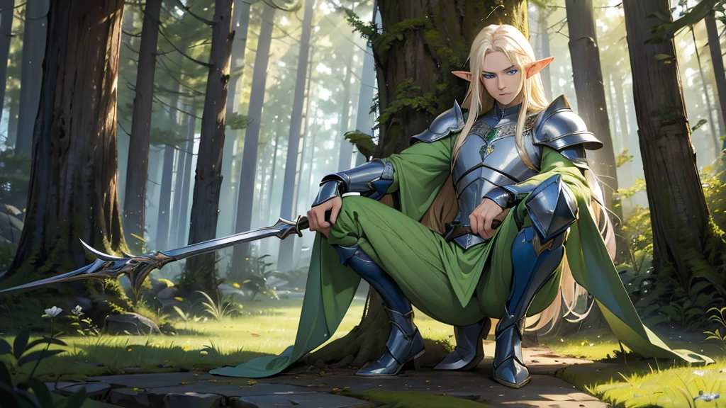 (masterpiece), 8k, best quality, elf, male, With a flushed white complexion that highlights his long blond hair and his star-like blue eyes. His slender and agile body reaches a height of 1.90 meters, giving him a natural grace. He wears green clothing, with armor on his shoulders and a chest adorned with details that resemble tree leaves, as well as long boots that reach up to the knee.