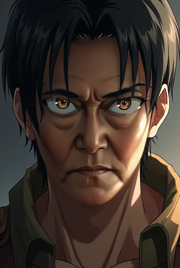 A highly detailed and realistic portrait of a soldier from the anime Attack on Titan, close-up shot of his face showing intense expression, extremely detailed eyes and face, long eyelashes, chiseled jawline, military uniform, gritty and rugged, cinematic lighting, muted color palette, digital painting, (best quality,4k,8k,highres,masterpiece:1.2),ultra-detailed,(realistic,photorealistic,photo-realistic:1.37)