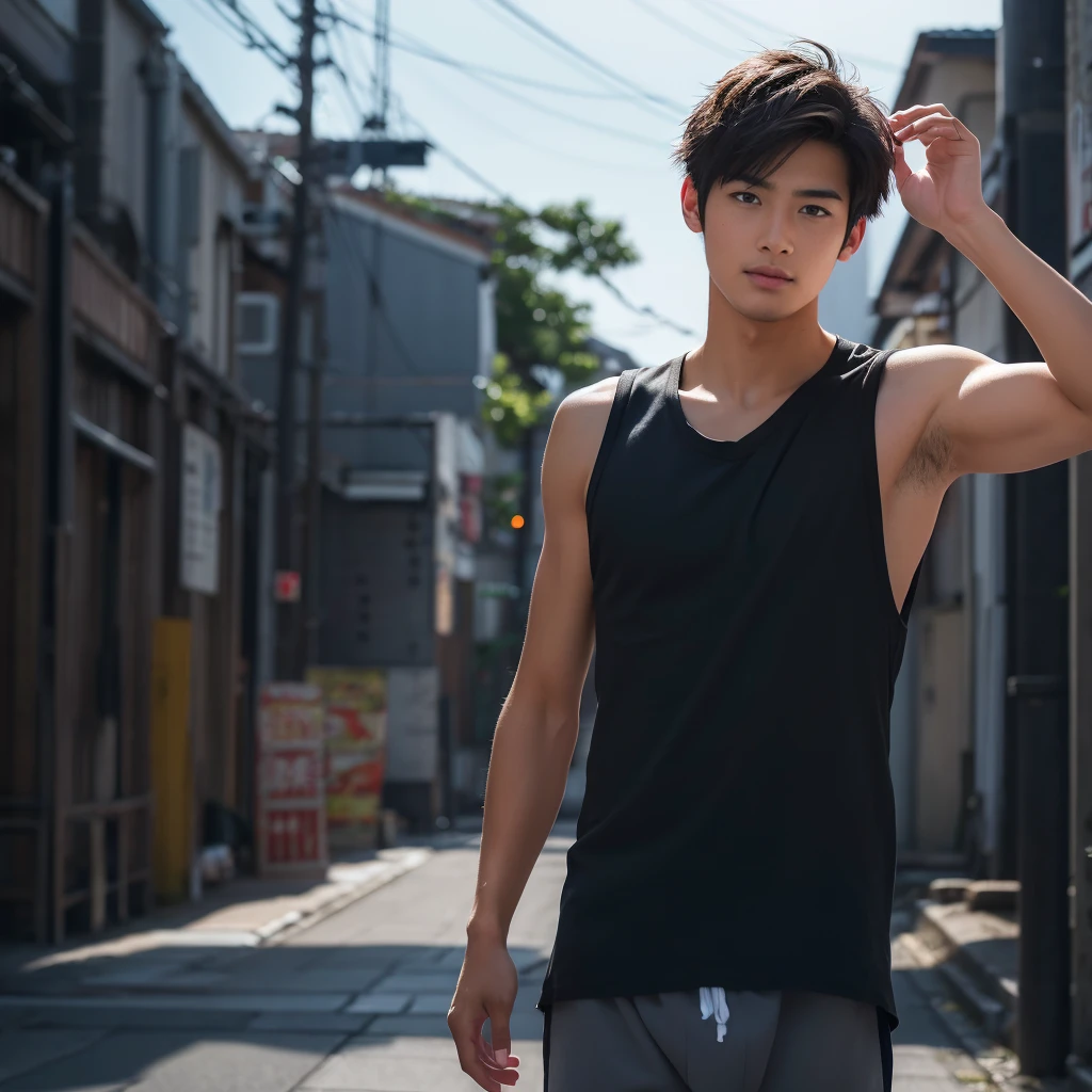 A handsome Japanese male A slim and handsome Japanese male university student standing in the middle of a typhoon , wearing a tank top and boxer brief shorts , looking up at the sky with one hand raised. Detailed illustration, baby face A 20-year-old boy, Black hair, Messy hair, modern , Eye level shots, hyper HD , Masterpiece, ( photorealistic , masterpiece , 8K HD , good lighting quality, portrait , closing up on face, intricate details )