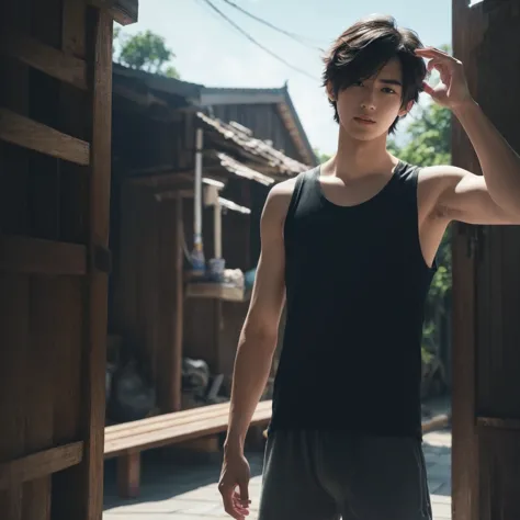 a handsome japanese male a slim and handsome japanese male university student standing in the middle of a typhoon , wearing a ta...