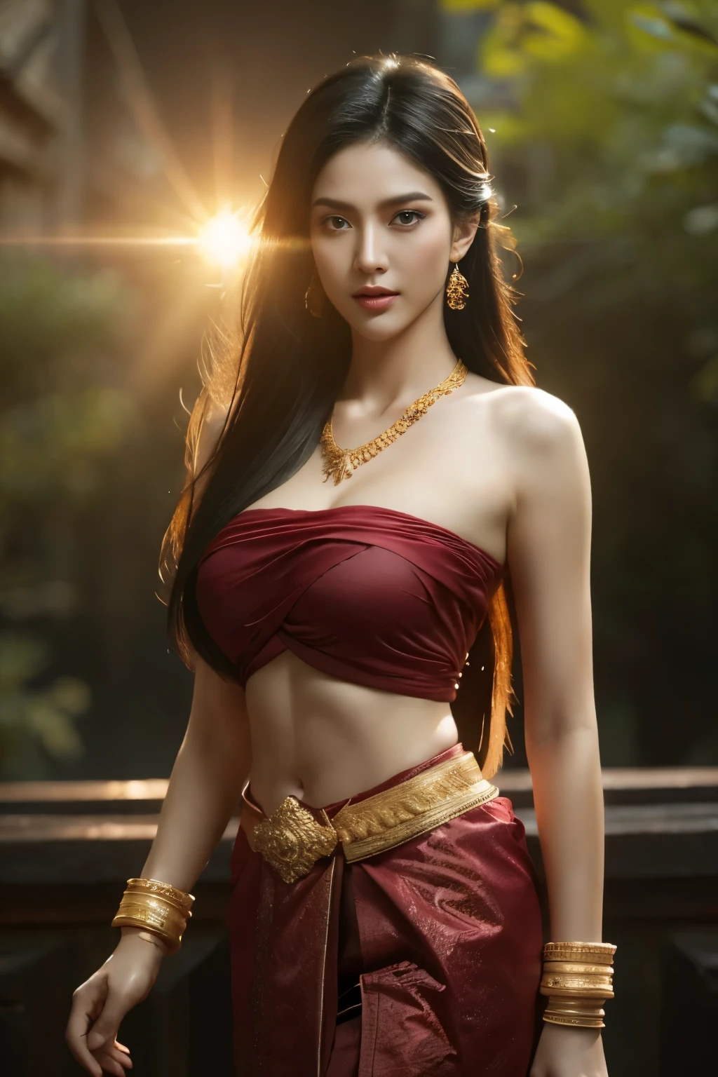 Beautiful girl ,Thai female warrior, walking at thai measure, Dynamic pose, Thai dress, Strapless shirt, Long hair,Black eyes,Abdominal muscles, plumpy body, rounded breast, (Big Breasts:1.3), Segregation, morning sun, Eyes fixed on the audience, (Sexy poses), ((Facial details)), Double eyelids, , realistically, Masterpiece, Highest quality, Lens flare, shade, old measure, measure, [[Color deviation]], By Jeremy Lipking, By Antonio J.. Manzanedo, Digital Painting, HDR, High contrast
