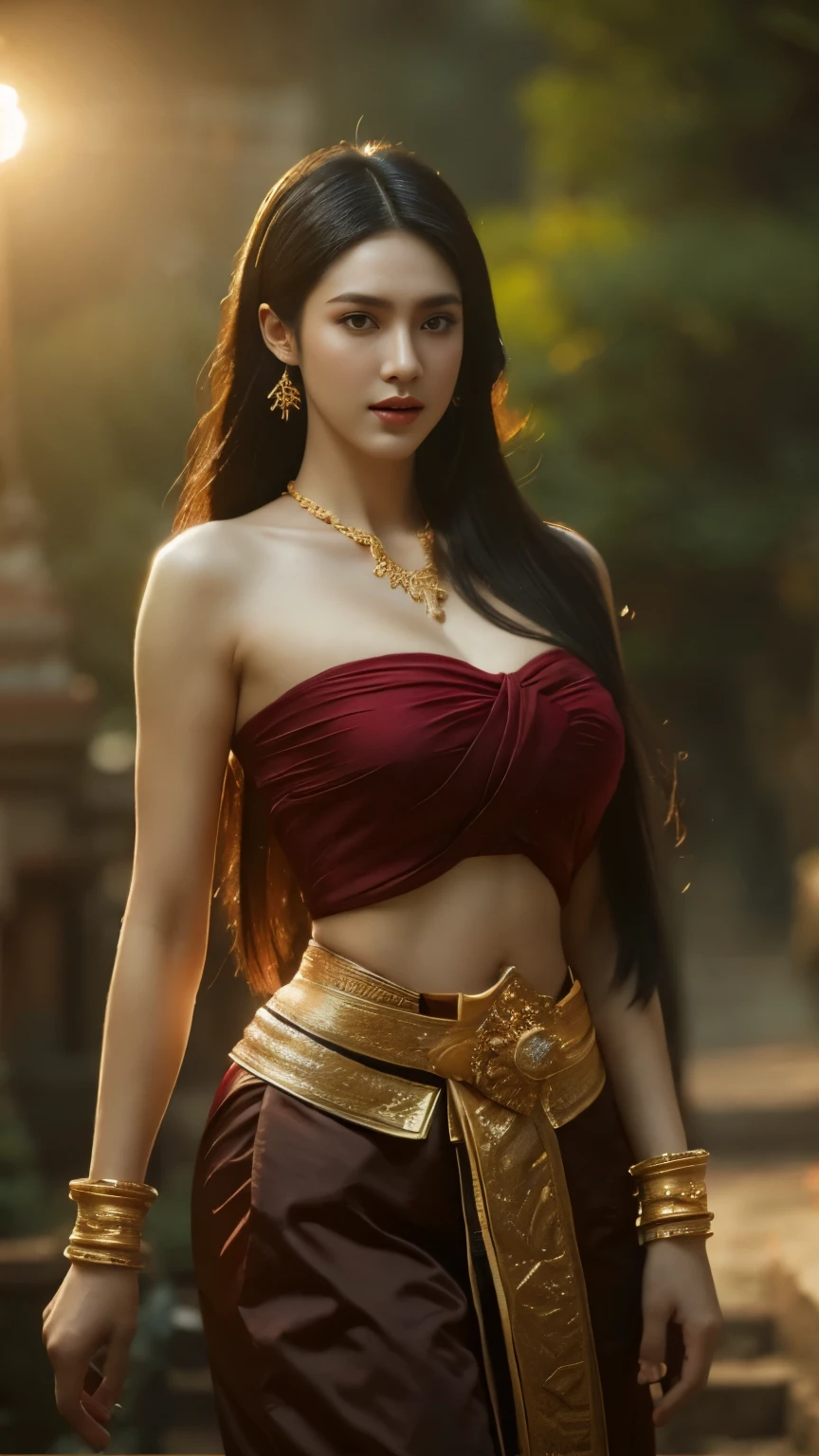 Beautiful girl ,Thai female warrior, walking at thai measure, Dynamic pose, Thai dress, Strapless shirt, Long hair,Black eyes,Abdominal muscles, plumpy body, rounded breast, (Big Breasts:1.3), Segregation, morning sun, Eyes fixed on the audience, (Sexy poses), ((Facial details)), Double eyelids, , realistically, Masterpiece, Highest quality, Lens flare, shade, old measure, measure, [[Color deviation]], By Jeremy Lipking, By Antonio J.. Manzanedo, Digital Painting, HDR, High contrast
