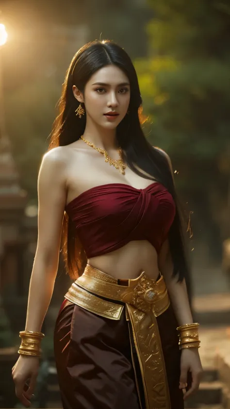 beautiful girl ,thai female warrior, walking at thai measure, dynamic pose, thai dress, strapless shirt, long hair,black eyes,ab...