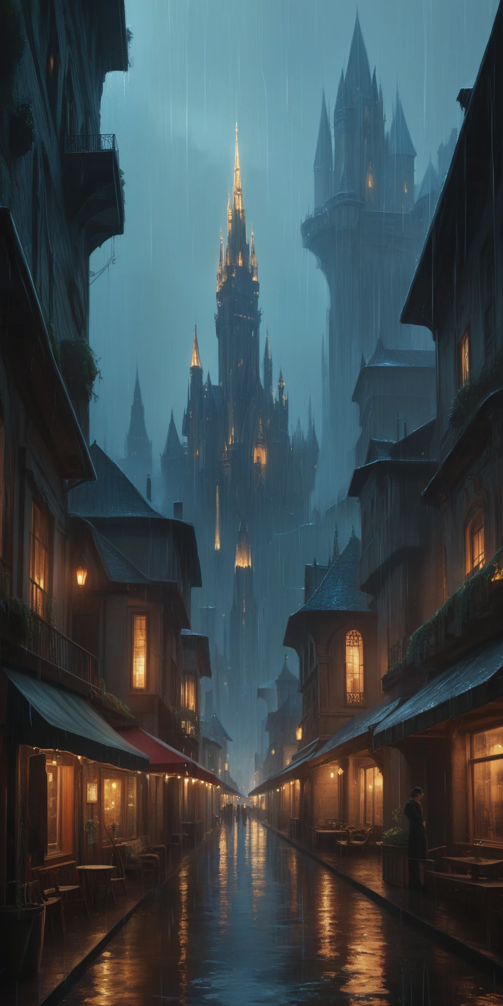 score_9, score_8_up, score_7_up, a fantasy city built within a vast cave, sleek glass buildings, elegant walkways between towers, illustration, raining, dark and moody lighting, digital art, oil painting, fantasy, 8 k, trending on artstation, detailed