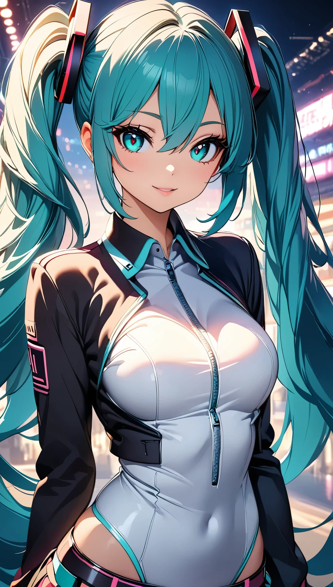 Beautiful girls、One girl、((Hatsune Miku, Aqua Eye, Aqua Hair, bangs, whole body, Hair between the eyes, Long Hair, Twin tails, very Long Hair)), Beautifully detailed eyes、Beautifully detailed lips、Highly detailed eyes and face、Long eyelashes、Colorful Makeup、High leg leotard、Riders jacket_Cropped tops、Cowboy Shot、Attractive aesthetics、Vibrant colors、high quality、8k、Super detailed、Anime Style:1.2、Beautiful CG illustrations、professional、Cinematic lighting、Vibrant、elegant、chic、Female、Shine肌、Shine、Warm color palette