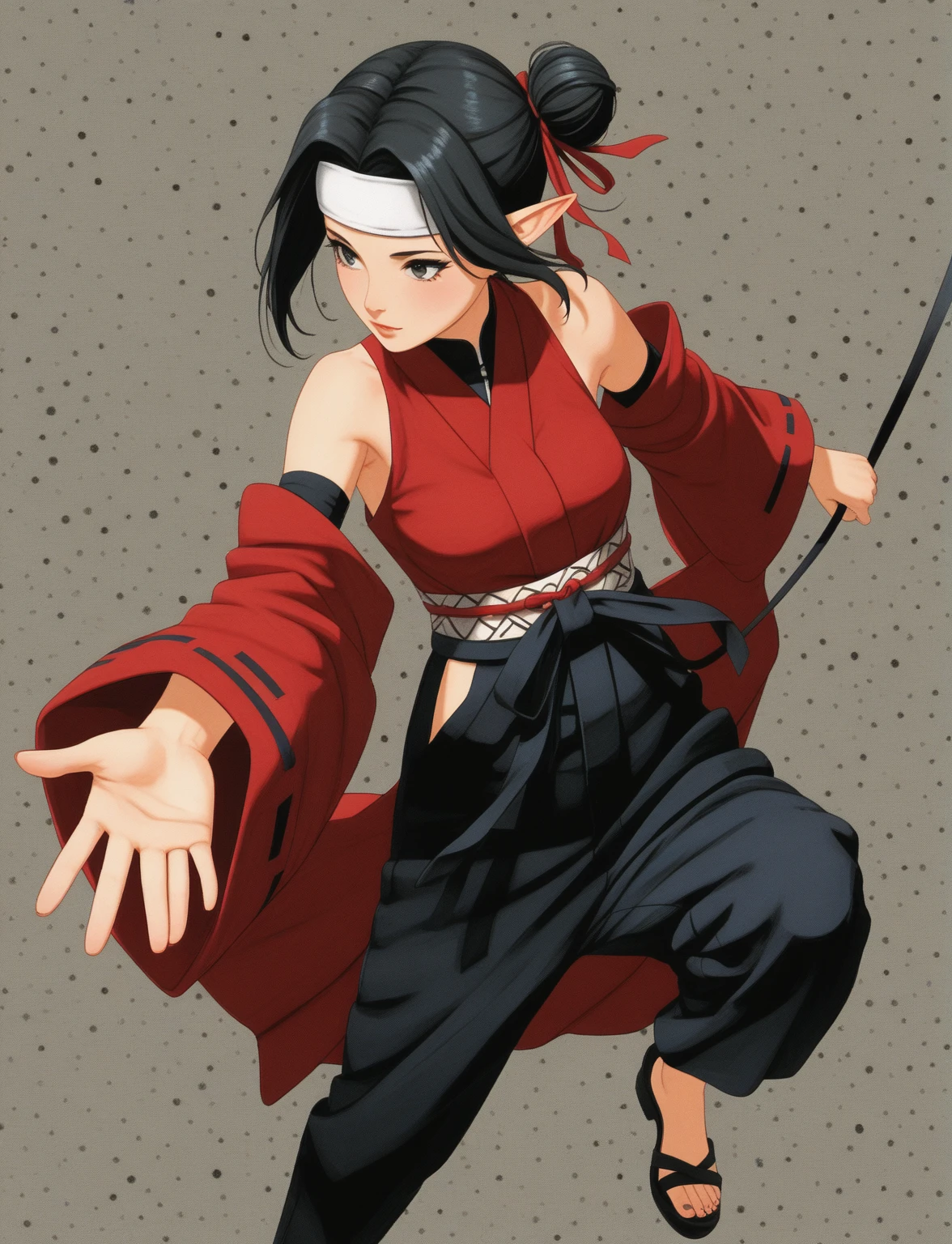 Create a full-body digital illustration of a female character with almond-shaped black eyes, elf ears, and round dots instead of eyebrows. For the hairstyle, she should have black hair styled into a single bun at the back of her head, complemented by asymmetrically chopped bangs that transition into a long lock on one side. Her outfit should match short hakama with detached sleeves and frills under the shorts and the sleeves, in a gothic style, featuring intricate white lace patterns, detailed cutouts, and a white obi with a black seigaiha black pattern. The upper part of the outfit should be a sleeveless kimono blouse. The outfit should include layered skirts and ribbon details to emphasize a similar aesthetic. Add a muted background that complements her striking attire and hairstyle. Artwork in the style of guweiz, digital art inspired by the style of Ilya Kuvshinov. An anime character wearing black hakama with detached sleeves and a bow on her back, elf ears, a beautiful young woman with long black hair tied up in a single bun, wearing a white headband with ribbons on both sides of her head, a lock of hair falling in front of the right side of her face. Full body, full shot, head to toe.