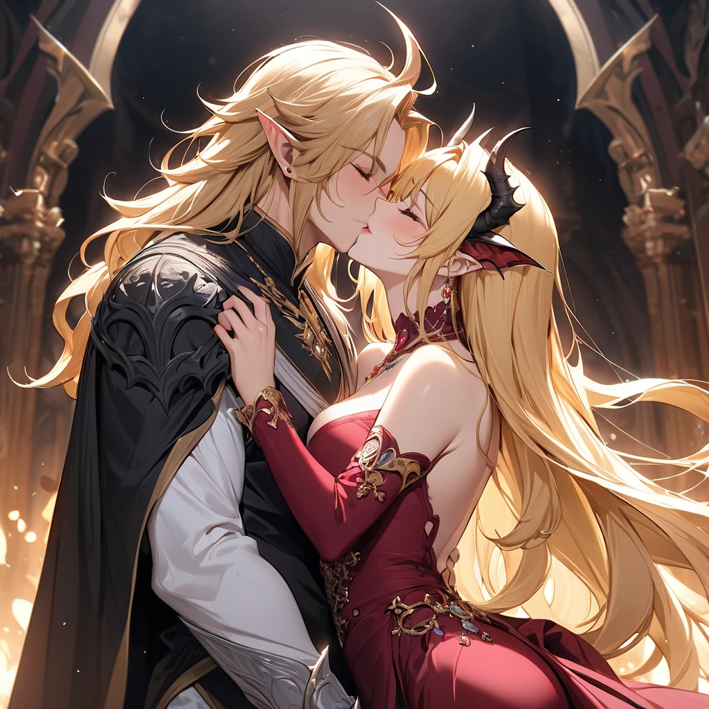 ((Best Quality)), ((masterpiece)), (detailed), （Perfect Face）、The woman is Seras Ashlain, the wife of the Great Demon King and the Demon Queen. She is a blonde, medium-long haired high elf wearing luxurious jewelry and an engagement ring.、The woman smiles sweetly and shows off her beautiful body、The woman and the Great Demon King embrace, kiss, and make love.