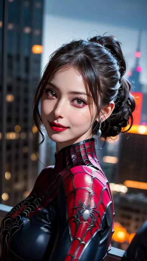 ((beautiful face:1.2)),((spider suit:1.4)), spider web print, spider web, spiderman, masterpiece, absurd, delicate details, high...