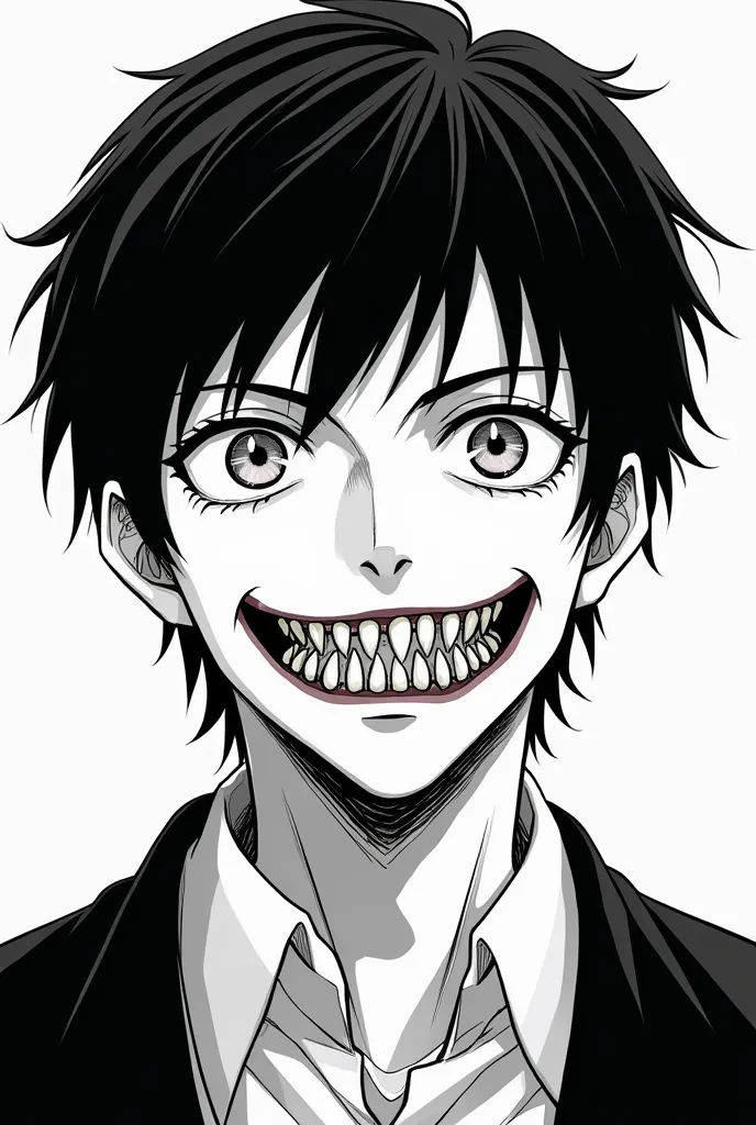 anime style drawing of a smiling young guy Souichi in a suit, sleek back hair, short wispy bangs, small pupils, narrow eyes, crazy smile with iron nails between his teeth, long chin, black and white manga, junji ito style, simple junji ito, junji ito undertones, shinigami, subtle junji Ito, bloody