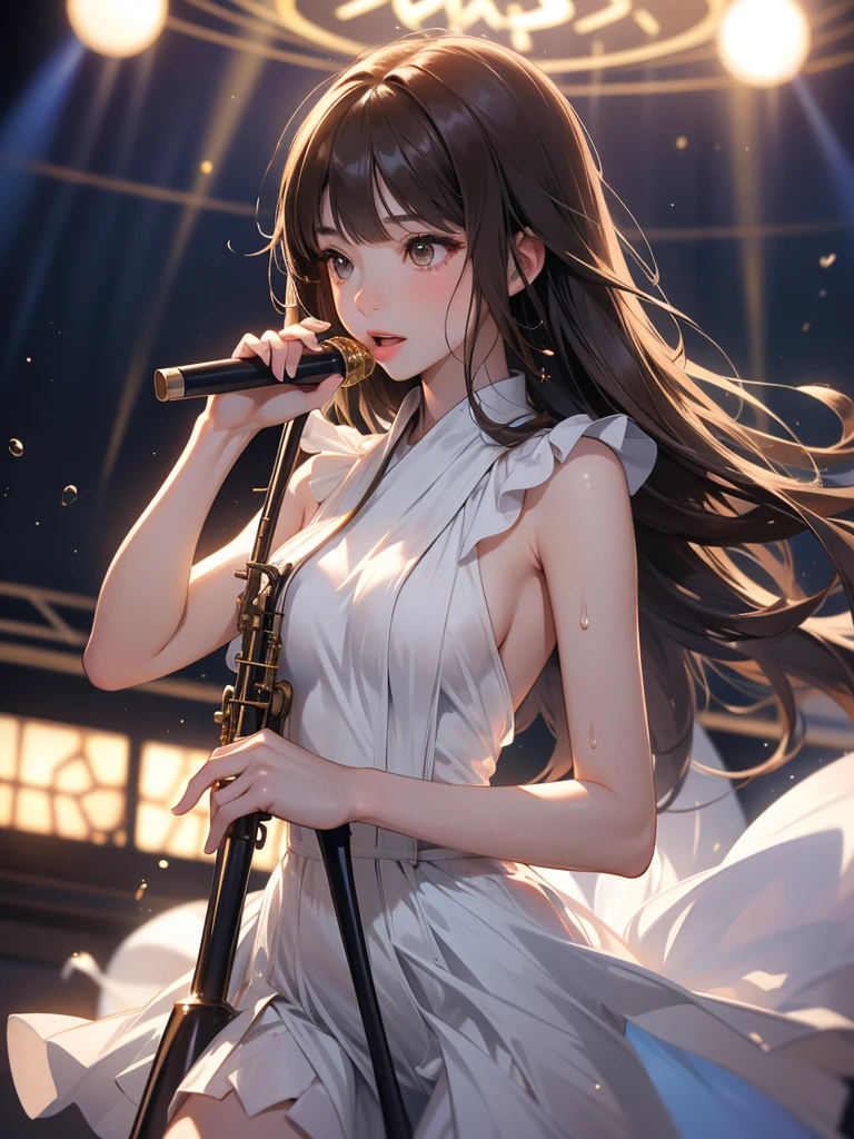 A beautiful and charming girl playing the saxophone in a jazz style on the stage of a live house, bending her body and swinging her wet body.、With a dreamy look on her face, she puts her mouth to the saxophone, tilts her head and body to the rhythm, and tosses her wavy, medium-long brown hair around.、A lot of water droplets splash from wet hair。Numerous lights and backlights illuminate the girl on stage, making her stand out.。Anime images with realistic 4K detail。