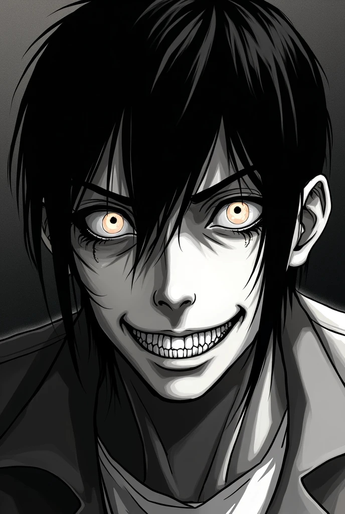 anime style drawing of a young guy in a suit, sleek back hair, small pupils and very narrow eyes, crazy smile with long face and chin, black and white manga, junji ito style, simple junji ito, junji ito undertones, shinigami, subtle junji Ito, bloody