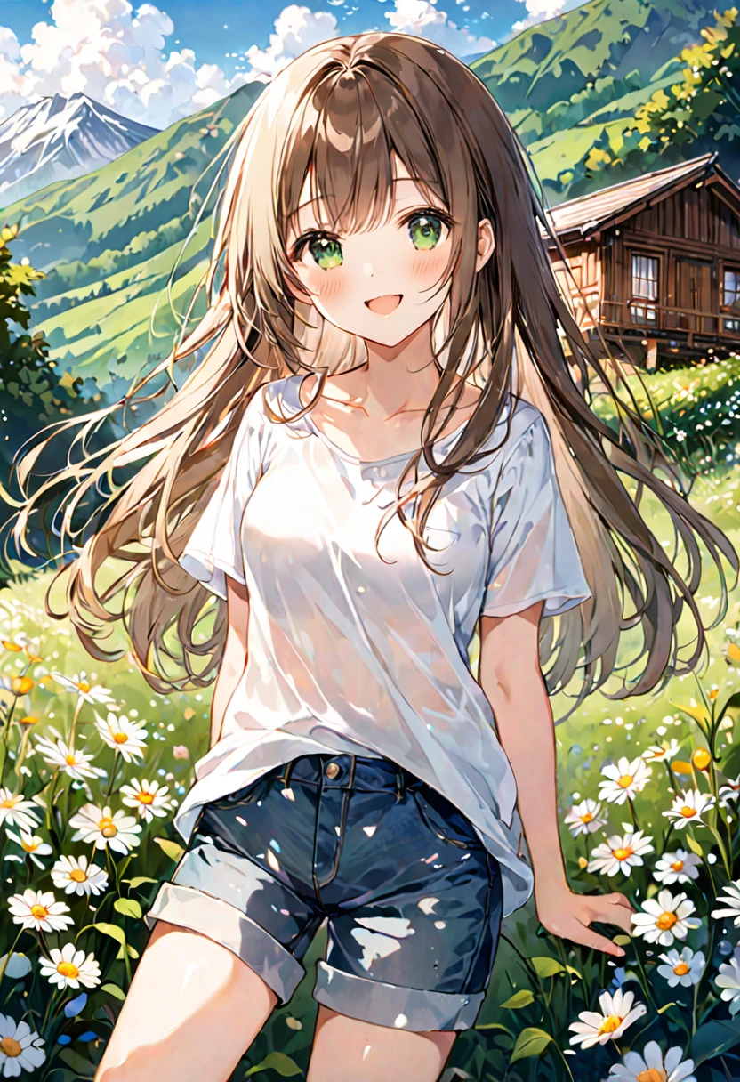 1 cute girl,
(brown hair, long hair, straight hair),
(dark green eyes, tareme),
smile,
open mouth,

collarbone, thighs,

looking at viewer,

(white T-shirt,{translucent}, in pants),
(denim short pants),

cowboy shot, solo,

(depth of field),
noon sky, little cloud,
a lush green hillside next to a forest filled mountain,
a small wooden cabin,
flowers in the foreground,