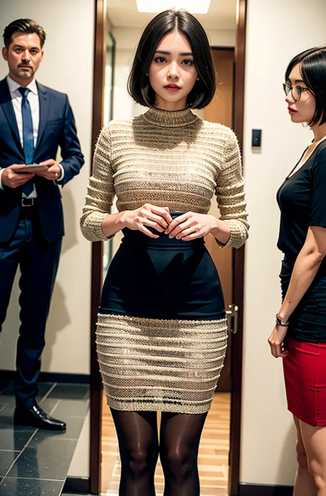 group photo,standing woman,within sight,change of direction,bob,orgasm,office suits,black vertical striped pencil skirt ,young w...