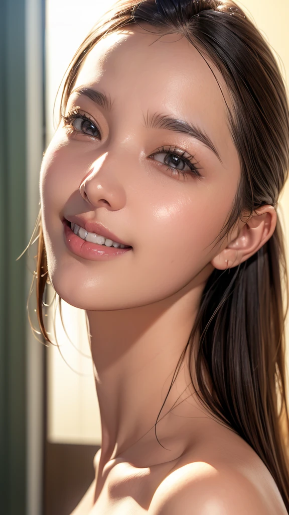 Realistic、masterpiece、Best image quality、high quality、High resolution、Very detailed、Realisticな写真、Bright lighting、Professional Lighting、One beautiful woman、Height: 168cm、Age 15、Fine skin、Beautiful Skin、nude、nude、Always naked、low ponytail、brown hair、Lash extensions、Ultra-detailed、Detailed face、Detailed face、(Low nose)、A happy smile、Squinting、Some of the teeth are visible、Looking up at me、cute、Red cheeks、Athlete&#39;s upper body、(((flat chest、Small Boobs)))、((Shiny nipples、Shiny areola、Three-dimensional nipples、Large, three-dimensional areola、Detailed nipples、Detailed areola、Dark nipples、Dark areola、Realistic nipples、Realistic areola))、((The vagina is completely visible、Darkened vagina、The vagina is always visible、Big Butt))、((A is seen from below))、Crouching、With legs apart