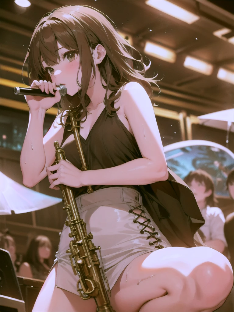 A beautiful and charming girl on the stage of a live music club, playing the saxophone with jazz technique and swinging her wet body widely, with an enchanting expression, she puts her mouth on the saxophone and swings her head and body back to the rhythm, shaking her semi-long brown hair in waves, with a large amount of Her wavy, semi-long brown hair is shaken up and her wet hair is splattered with droplets of water. The 4K detailing is realistic in this anime picture.