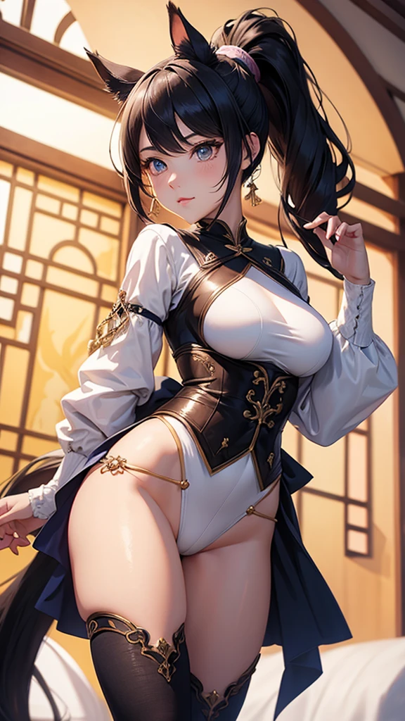 Beautiful girl half horse lower half human showing her tail to the camera Breasts, Horse Ears, detail, , anime, Mizura, wearing Ponytail kingdom fantasy clothes, 