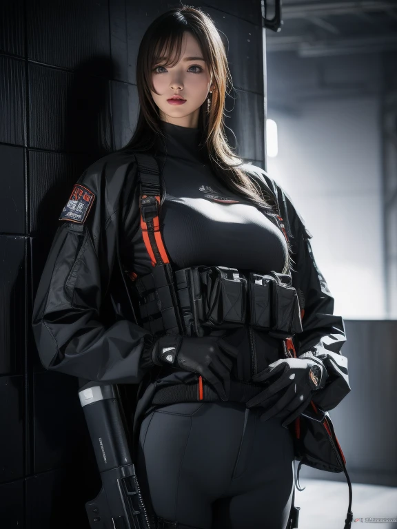 Best image quality、Amazing details、Ultra-high resolution、（realism：1.4）、（（Close：0.75））、One woman is very condensed、Beautiful and delicate face、Perfect proportions、Narrow your target audience、Small breasts）、Black Hair、（Red tech suit）、（A cyborg compared to a police uniform、、、Black and grey mech、Military Harness、Carrying an assault rifle、Hitch Tech Flamethrower Tank Transport）、Simple grey wall in the background、