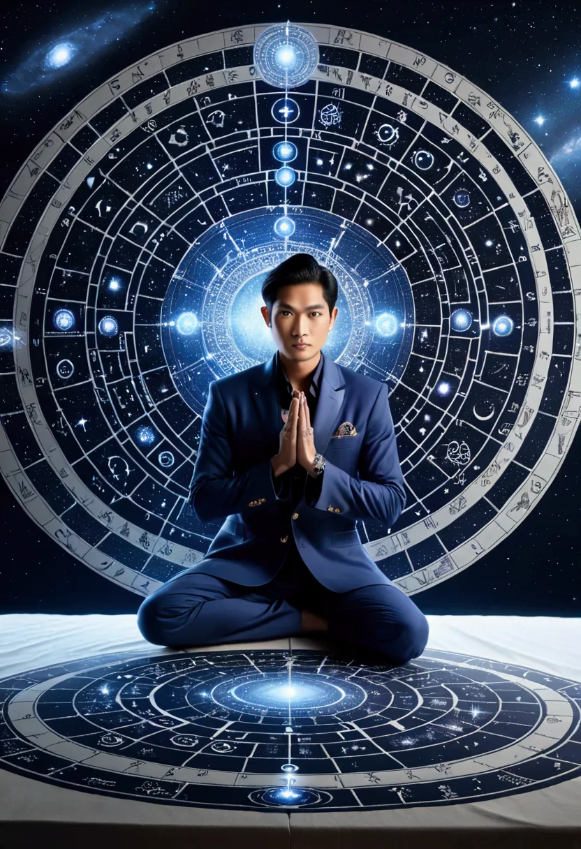 (thai male astrologer),  30 year old, an astrologer is interpreting fate on a complex star chart, with ancient runes and symbols...