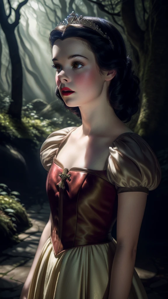 A beautiful detailed girl with long eyelashes, detailed eyes and lips, flawless porcelain skin, a flowing dress, surrounded by a dark fantasy forest with twisted trees, a mystical atmosphere, (best quality, 4k, 8k, highres, masterpiece:1.2), ultra-detailed, (realistic, photorealistic, photo-realistic:1.37), dark fantasy, cinematic lighting, moody colors, dramatic chiaroscuro, realistic princess snow white