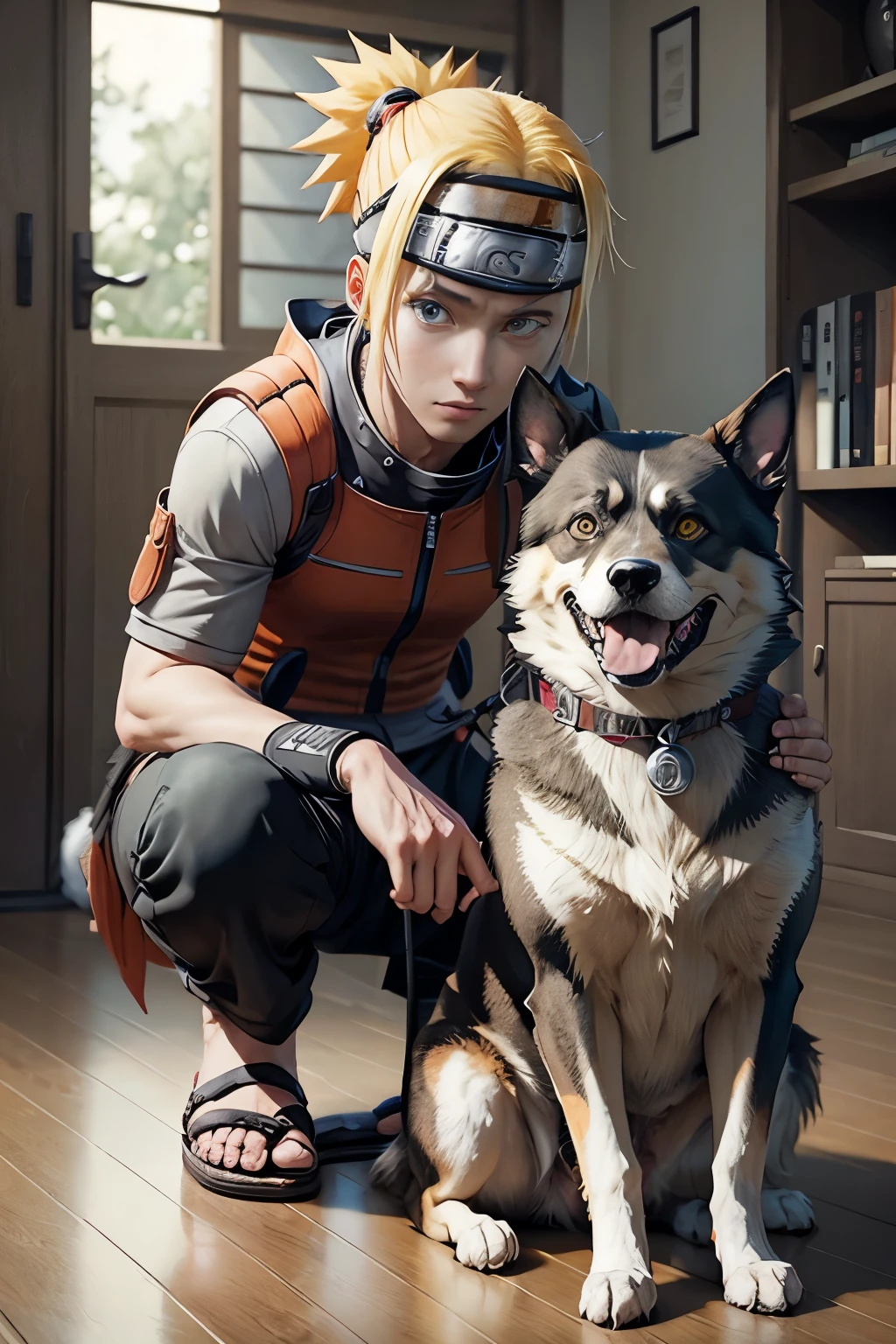 (photorealism:1.2),  Naruto with dog , 