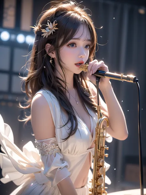 a beautiful and charming girl on the stage of a live music club, playing the saxophone with jazz technique and swinging her wet ...