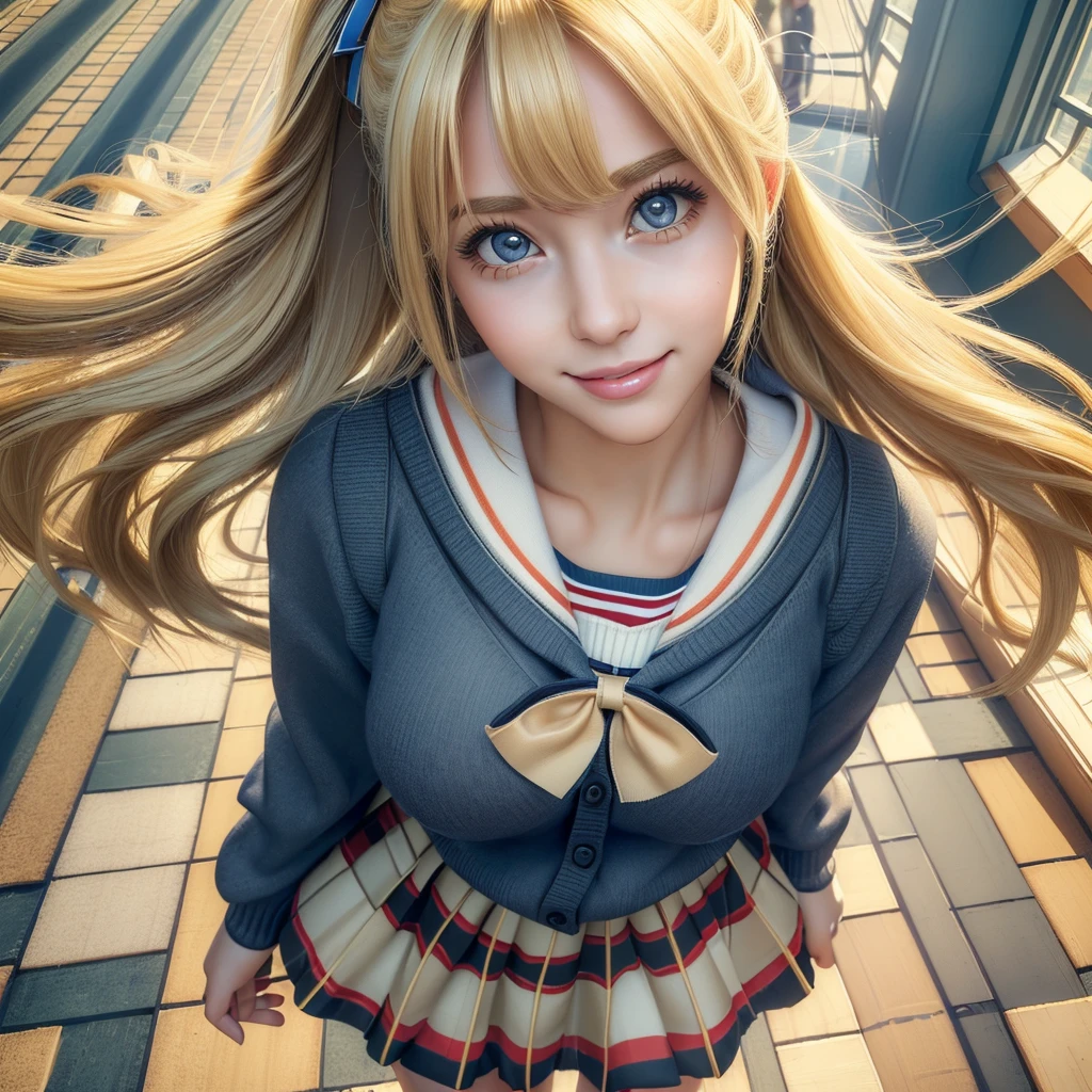 (best quality, masterpiece:1.5), (ultra-detailed, realistic:1.37),4K,cute,beautiful,(girls),(blondehair ponytale),(school costume:1.2),(skirt),(big breast),(cardigan),(high socks),make up face,smile,wind,looking biewer,