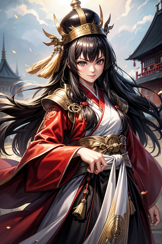 rmored１People Women, smile, clear, Hanfu, Wearing light armor, Tight waist, Long Hair, Black Hair, black eye, Five fingers, An old Chinese castle in the background, cinematic lighting, cowboy shot, anime, UHD, retina, masterpiece, accurate, anatomically correct, textured skin, super detail, high details, high quality, award winning, best quality, highres