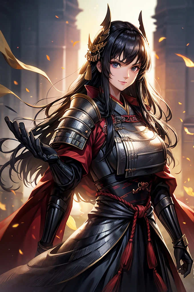 Armored１People Women, intence smile, Hanfu, Wearing light armor, Tight waist, Big Breasts, Long Hair, Black Hair, black eye, Five fingers, An old Chinese castle in the background, cinematic lighting, cowboy shot, anime, UHD, retina, masterpiece, accurate, anatomically correct, textured skin, super detail, high details, high quality, award winning, best quality, highres